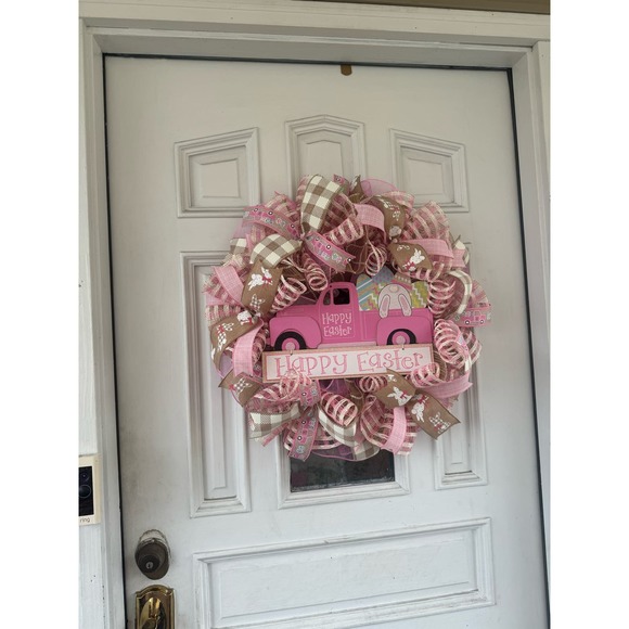 Easter Bunny Deco Mesh & Ribbon Spring Wreath Front Door Hanger Home Decor - Picture 9 of 9